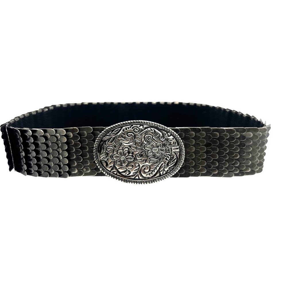 Vtg 1980s Floral Oval Buckle Metal Snakeβ Belt Silver Tone Elastic Waist 27"-30"